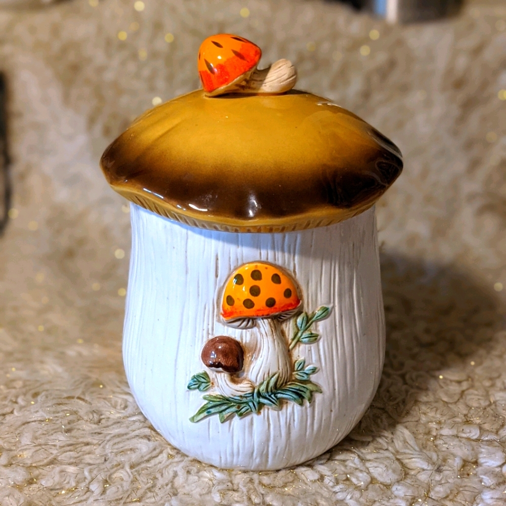 70s Merry Mushroom EXTRA LARGE Embossed Canister